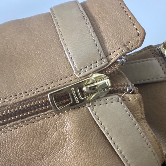 Coach Tan Leather Peep-Toe Heeled Booties With Gold Zipper & Buckle Detail - Picture 6 of 9